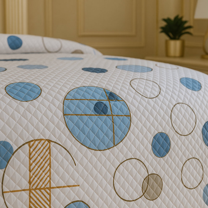 Sateen Geometric Shapes Quilt, White/Blue, California King Quilt + 2 Shams