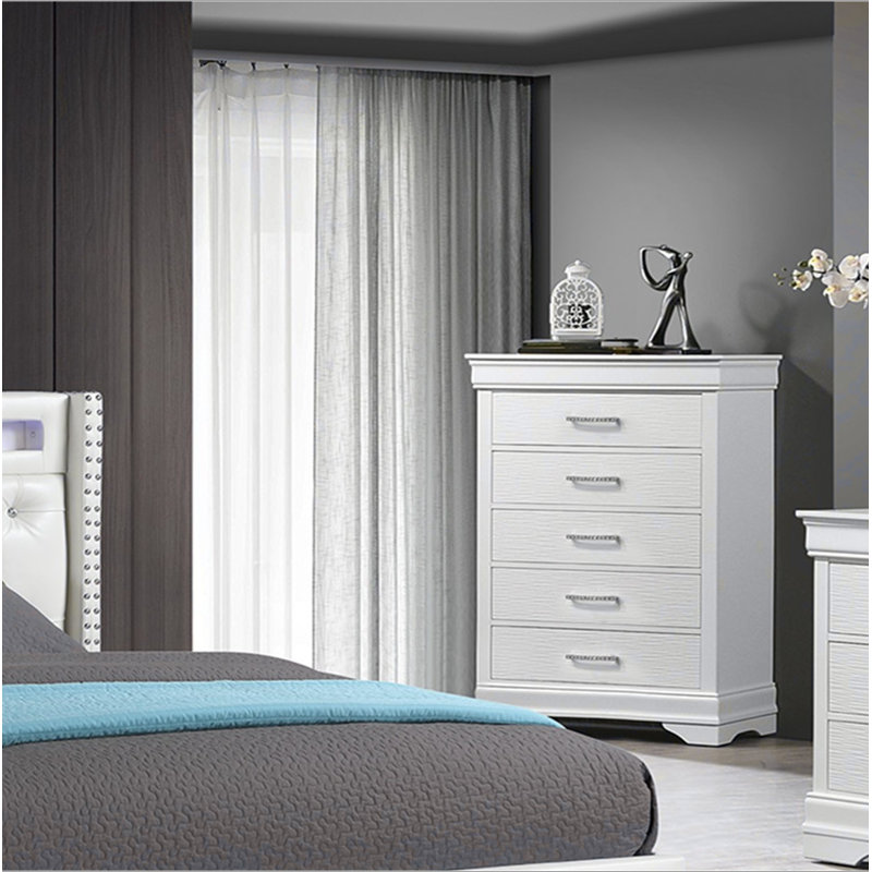 Commode de luxe 1 pièce avec commode blanche pour meubles de chambre à coucher avec poignées spacieuses 5 tiroirs