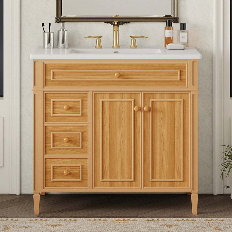 Bathroom Vanity With Sink,Flip-Out Drawer,And Elegant Wood Handles