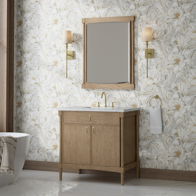 Kinnsden 36" W Single Vanity, Ethereal Noctis Silestone, 8" Widespread, Weathered Oak
