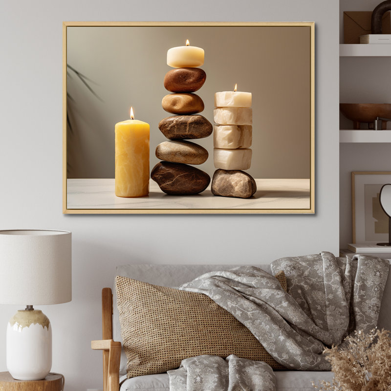 Zen Harmony Balancing Cairn Stones sur toile, Cadre naturel flottant, H 24 po x l 32 po x P 1 po