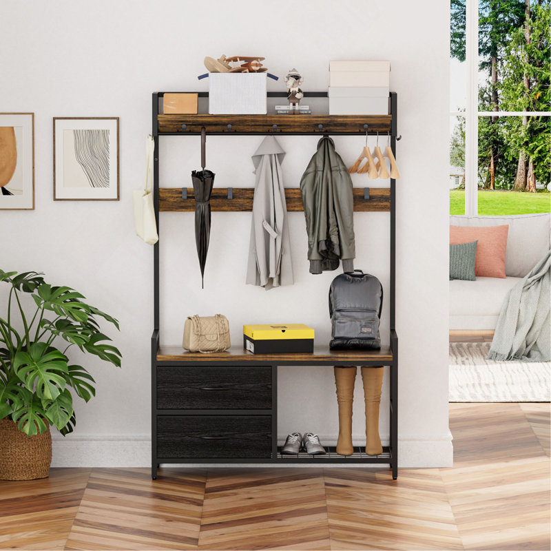 33.1" Wide Hall Tree With 2 Movable Drawers, Shoe Storage, Shelves And Garment Racks, 5-In-1 Entryway Bench With 23 Hooks (Fixed And Movable)