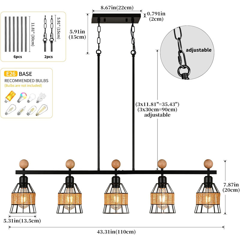 Lustres de cuisine 5 lumières au-dessus de la table, luminaire de salle à manger noir mat de style campagnard, luminaires suspendus linéaires pour îlot de cuisine avec abat-jour en métal et rotin, hauteur réglable