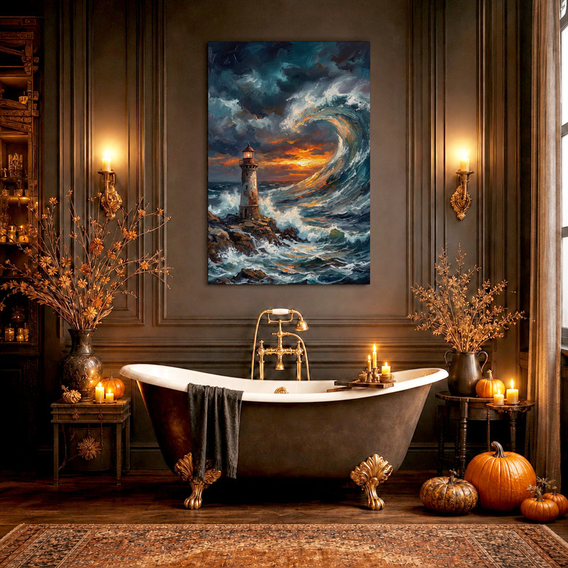 Art sur toile, "Phare au milieu d'une vague qui se brise au coucher du soleil", 30"H x 20"W