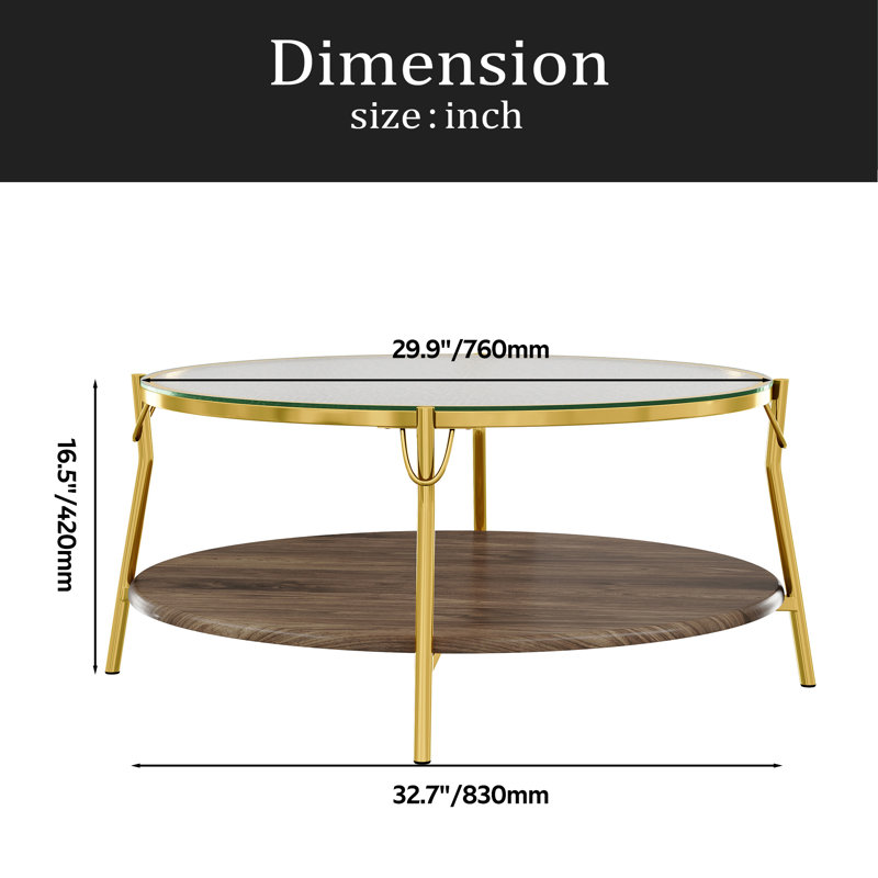 Table basse moderne à 2 niveaux en noyer avec plateau en verre et base dorée pour salon, 29,9 po