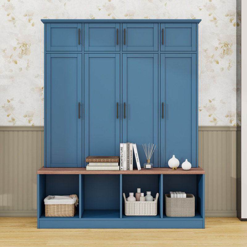 4-in-1 Hall Tree with 4 Hidden Hanging Hooks, Seating Bench and Doors, Blue