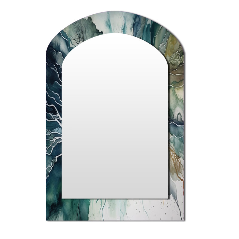 Green Blue Marbled Dreamscape II - Geometric Asymmetrical Unique Wall Mirror, Modern Arch Mirror, Printed Metal Art