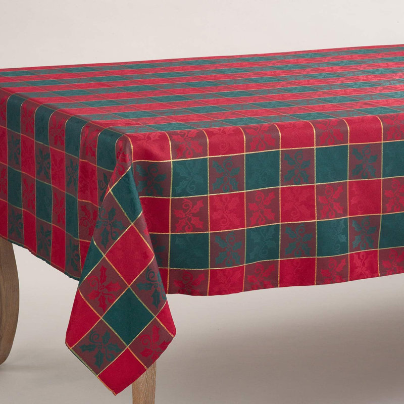 Classic Red & Green Plaid Jacquard Christmas Tablecloth, 120" L x 65" D