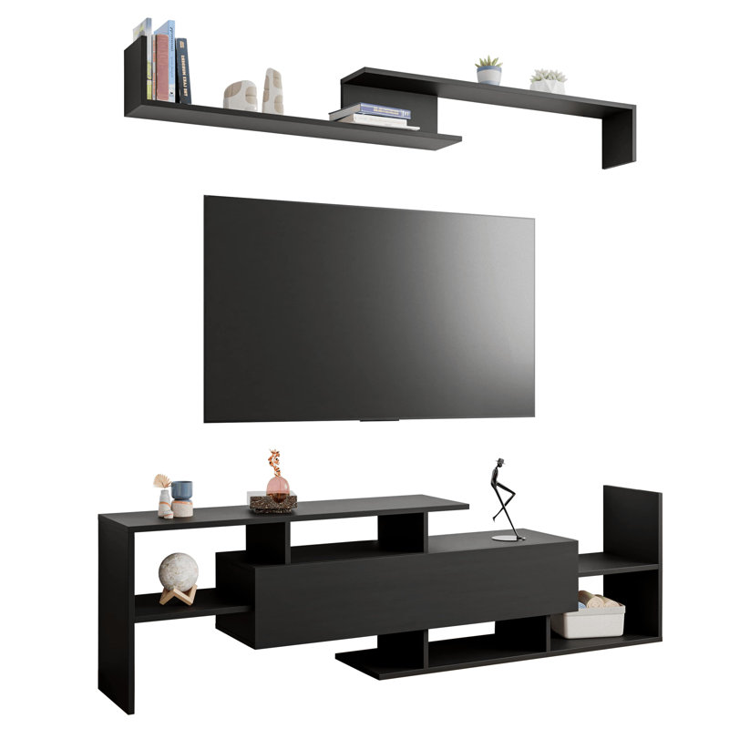 Alvaro 60.2'' 2 Pc 1-Drawer Floating TV Stand Media Console with Open Shelves, Black