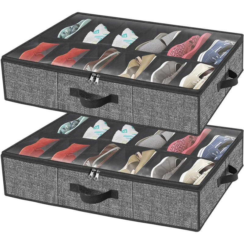 Under Bed Shoe Storage Organizer For Closet Fits 24 Pairs-Sturdy Underbed Shoe Storage Box Bins,Set Of 2 (Linen)