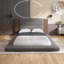 Grand lit plateforme tapissier avec tête de lit allongée et tablette de chevet, sans sommier tapissier, gris