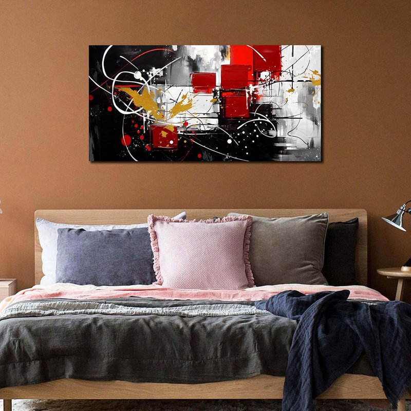 Abstract Wall Art For Living Room Black Canvas Wall Art Modern Grey Red Line Artwork For Bedroom Office Home Decor Canvas Prints 20X40 Inch