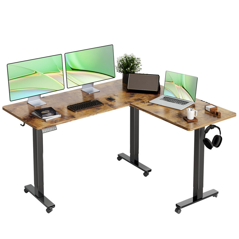 Schlater 63'' L-Shaped Height Adjustable Standing Desk, Black, Brown