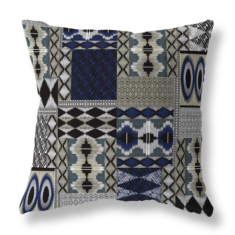 Blue and Grey Patchwork Reversible Indoor/Outdoor Throw Pillow