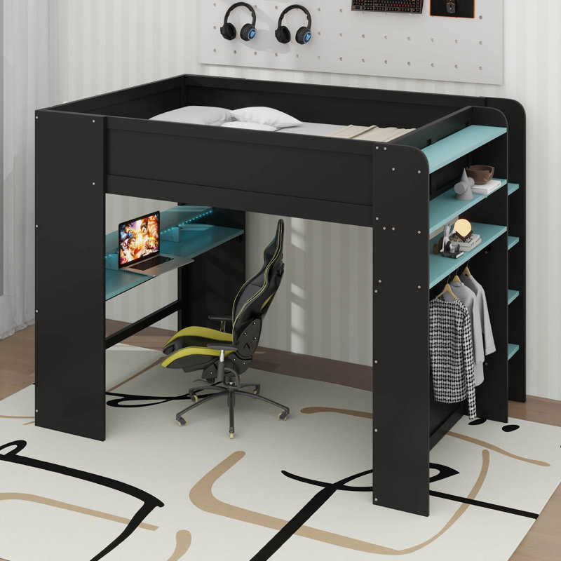 Lit superposé double en bois pleine grandeur avec bureau réglable, garde-robe, tiroirs, tablettes, port de chargement USB et éclairage à DEL RVB