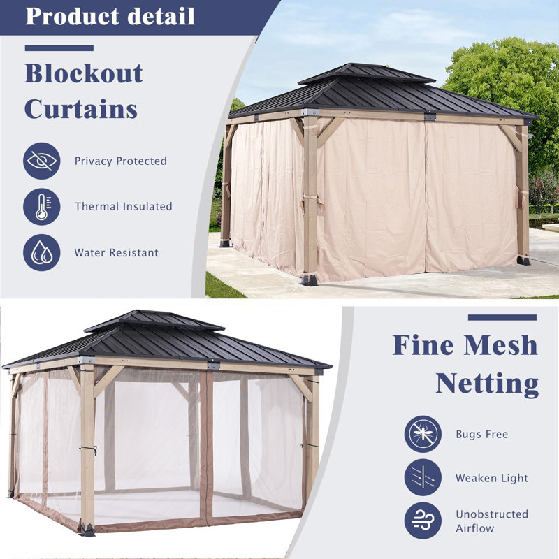 Cedar Wood Patio Gazebo, Double Metal Roof Hardtop Gazebo with curtain and Screen, Oak, 115" H x 153.5" W x 132.3" D