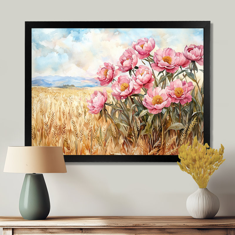 Inde pivoines dans le champ de blé I - pivoines, art mural, Reproduction encadrée d'une seule photo, Noir, noir, noir, noir