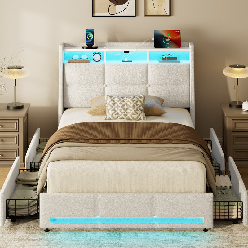 Dyane Upholstered Bed Full Bed Frame with Charging Station and LED Lights, Full, White Linen