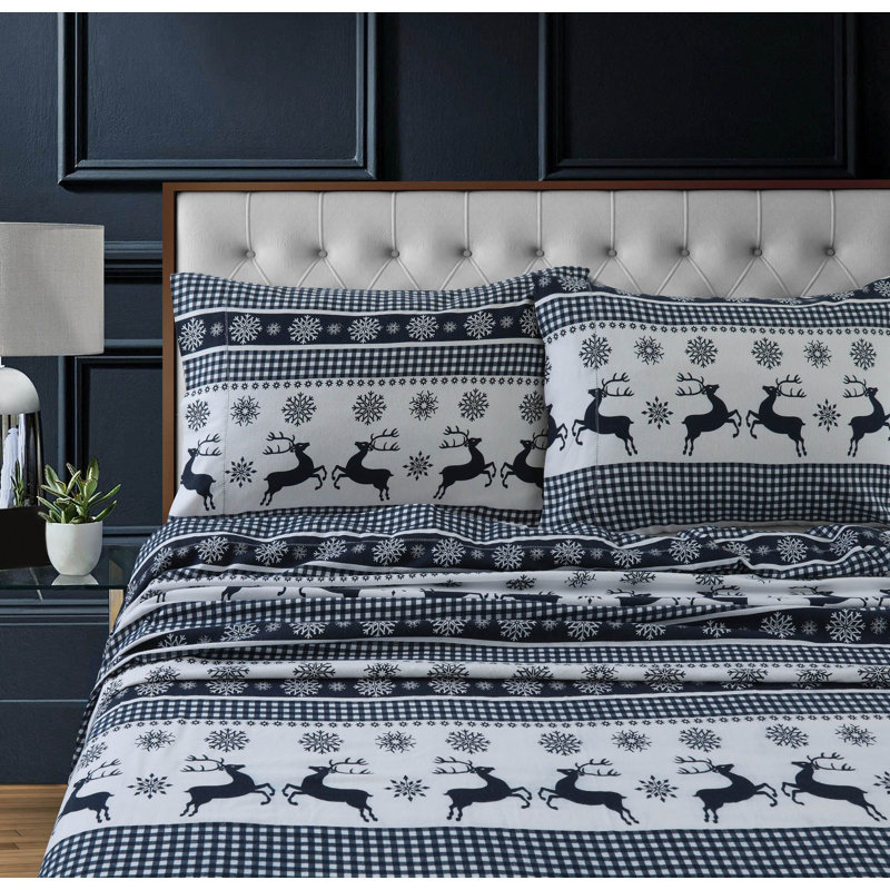 Navy and White Checkered Buck Print Cotton Flannel Bedding Set