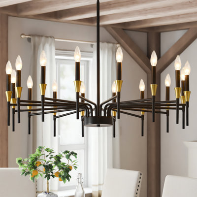 Lustre noir et or à 16 lumières, lustre de style ferme avec bougies, idéal pour salle à manger, chambre à coucher, hall d'entrée, salon, îlot de cuisine, entrée.