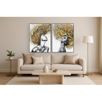 Art mural toile dorée Diptych - 47 "- cadre noir