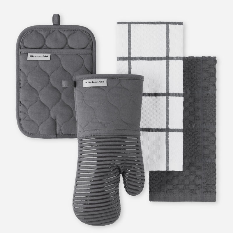 Ensemble de 4 serviettes de cuisine matelassées, gant de cuisine et poignées KitchenAid, Gris anthracite