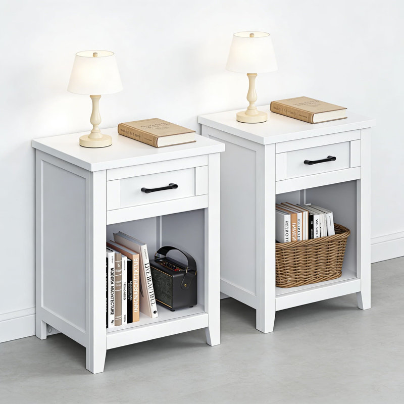 Table de chevet Modern Farmhouse avec station de charge, 2 prises CA et ports USB, grand tiroir de rangement et tablette, table de chevet facile à assembler