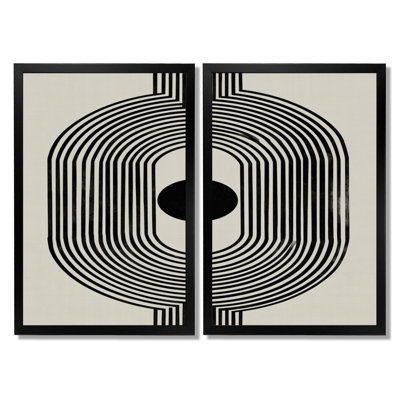Vortex rétro noir et beige - décoration murale moderne Mid-Century, art mural moderne encadré noir Mid-Century 2 pièces