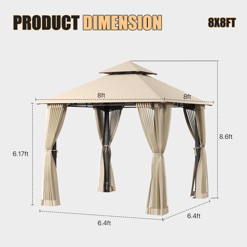 Pavillon de jardin robuste 8 pi x 8 pi avec abattants allongés - Pavillon à toit double à structure stable avec filet et drainage intégré