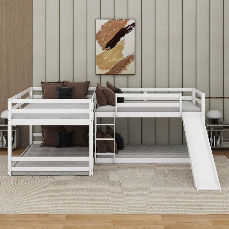 Lit superposé en L pour lit double et simple avec glissière et échelle courte, Blanc