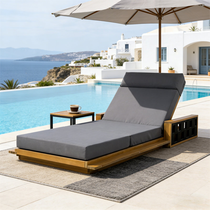 Ghodke Patio Acacia Wood Chaise Lounge With Adjustable Backrest & 4-Fold Cushion (Table Not Included), Dark Gray