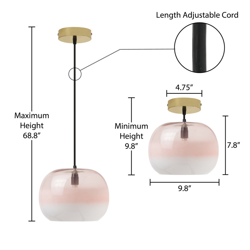 9.8"W Danielle Glam Globe Shade Pendant, Gold, Pink