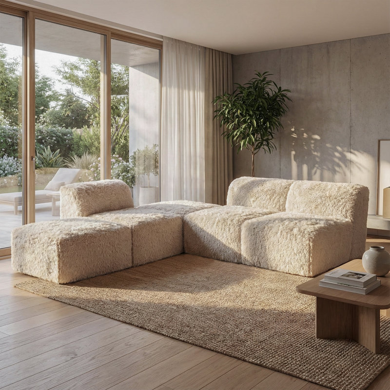 Cathryn 5-Piece Boneless Faux Fur Foam Modular Armless Compressed Sectional, Beige