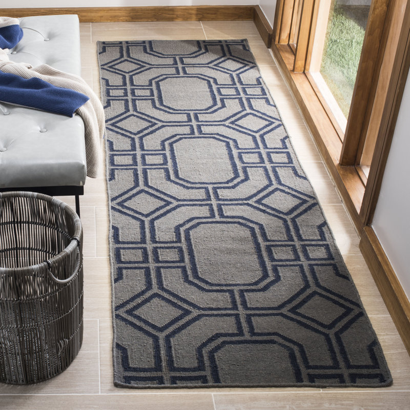 Rodgers Hand Woven Flat Weave Wool Geometric Rug, Runner 2'6" x 8'