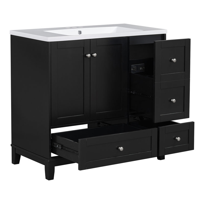 Meuble-lavabo moderne 36 po avec chargement USB, Noir