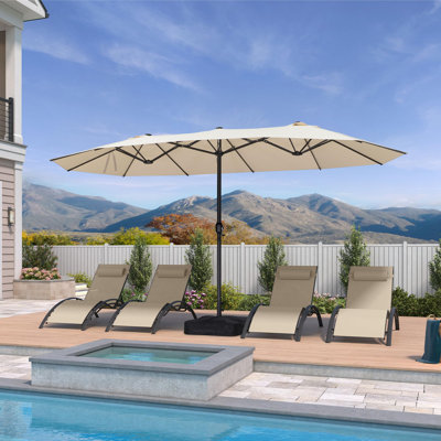 14ft Patio Market Beige Umbrella with Base Double-Sided Rectangle Outdoor Table Sun Umbrellas with Crank 12 Heavy Duty Sturdy Ribs for Pool Beach Deck Backyard