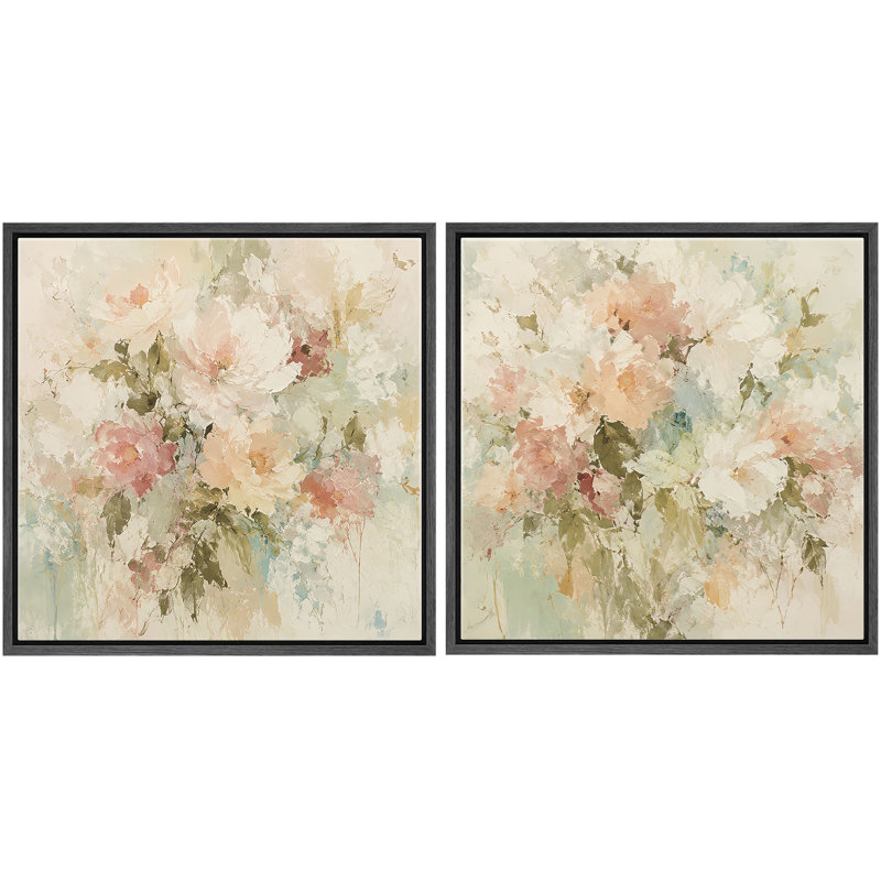 Ensemble de 2 impressions sur bois pastel avec fleurs de jardin rosé pêche et crème, H 16 po x l 16 po x P 1,5 po, Cadre noir