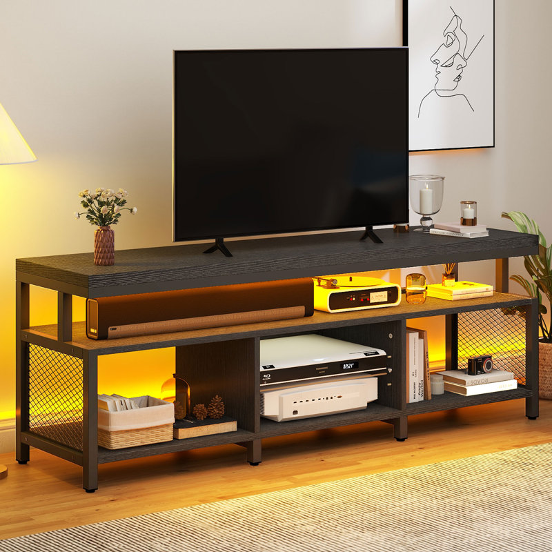 Palermo LED TV Stands w/Power Outlets for 70" Modern Entertainment Center w/Open Storage, Black