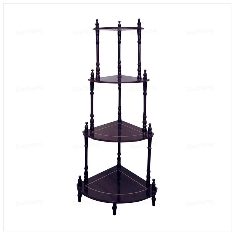 Étagère d'angle à 4 niveaux en bois avec un style traditionnel et une finition cerisier foncé, parfaite pour maximiser le rangement dans les petits espaces.