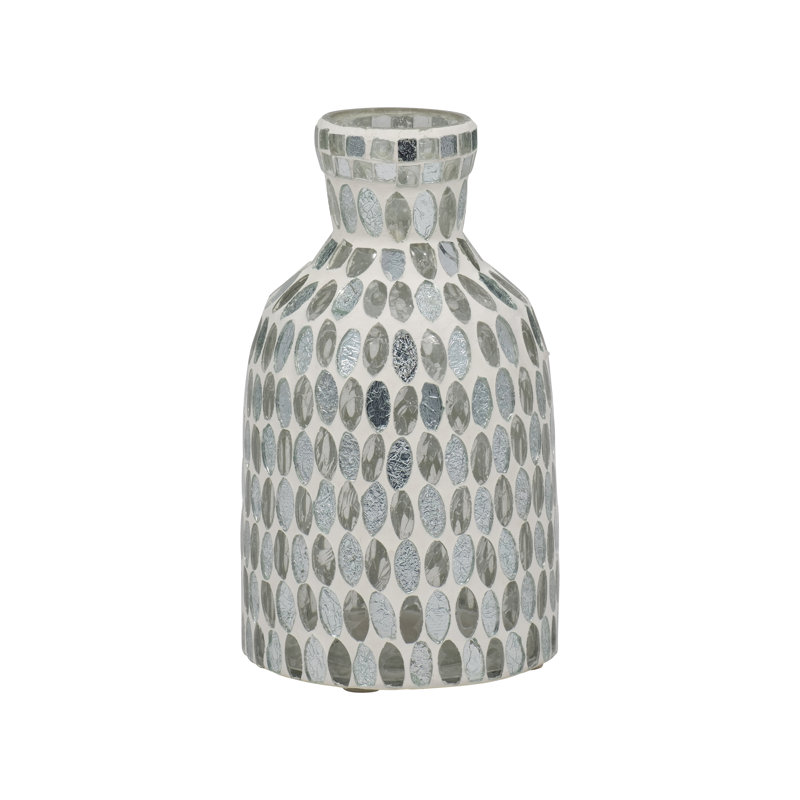 Glass Round Mosaic Vase, 7" H x 4" W x 4" D, Mosaic White