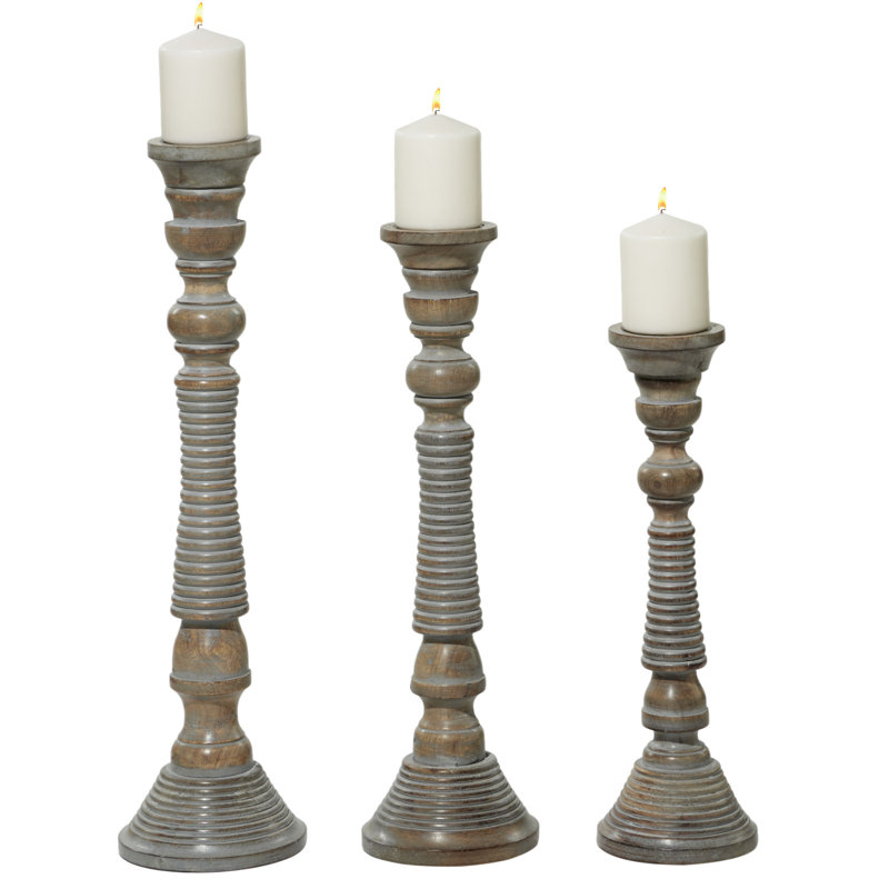 Ensemble de porte-bougie gris clair en bois de manguier
