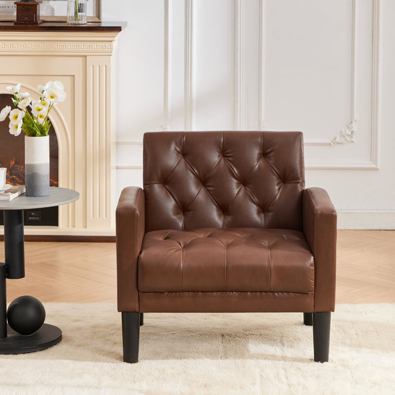 30.91"W Leather Tufted Accent Chair, Brown