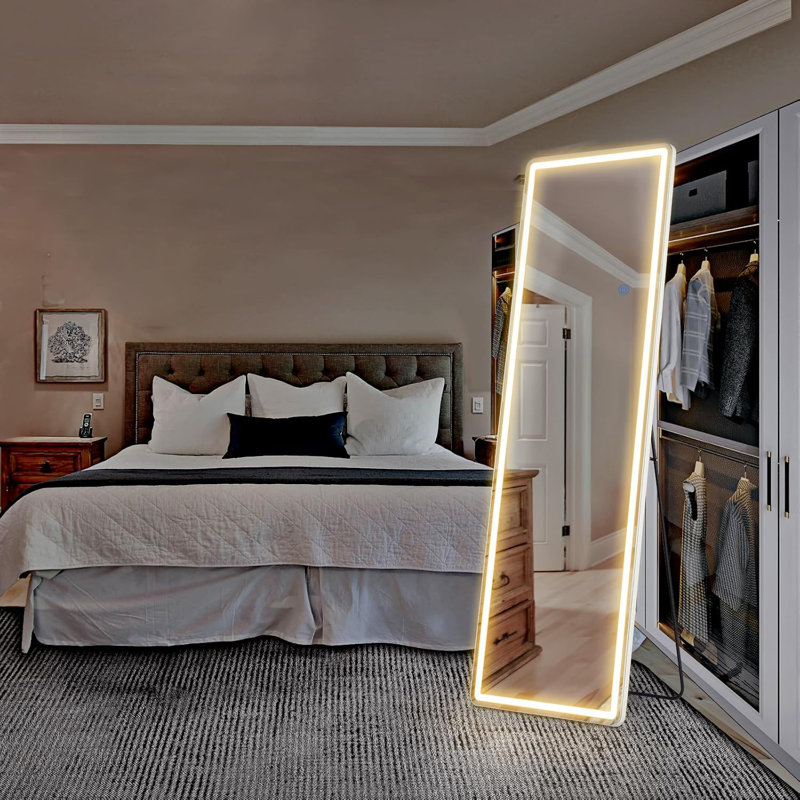 Full Length LED Floor Mirror With Adjustable Brightness & 3 Color Lighting - Ultra Thin Aluminum Alloy Frame - Shatterproof Nano Glass - Stand Or Wall Mount
