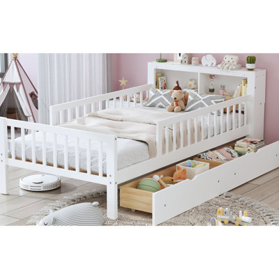 Lit simple avec rangement pour tête de lit et garde-corps - Style généreux sous blanc avec deux tiroirs de style moderne