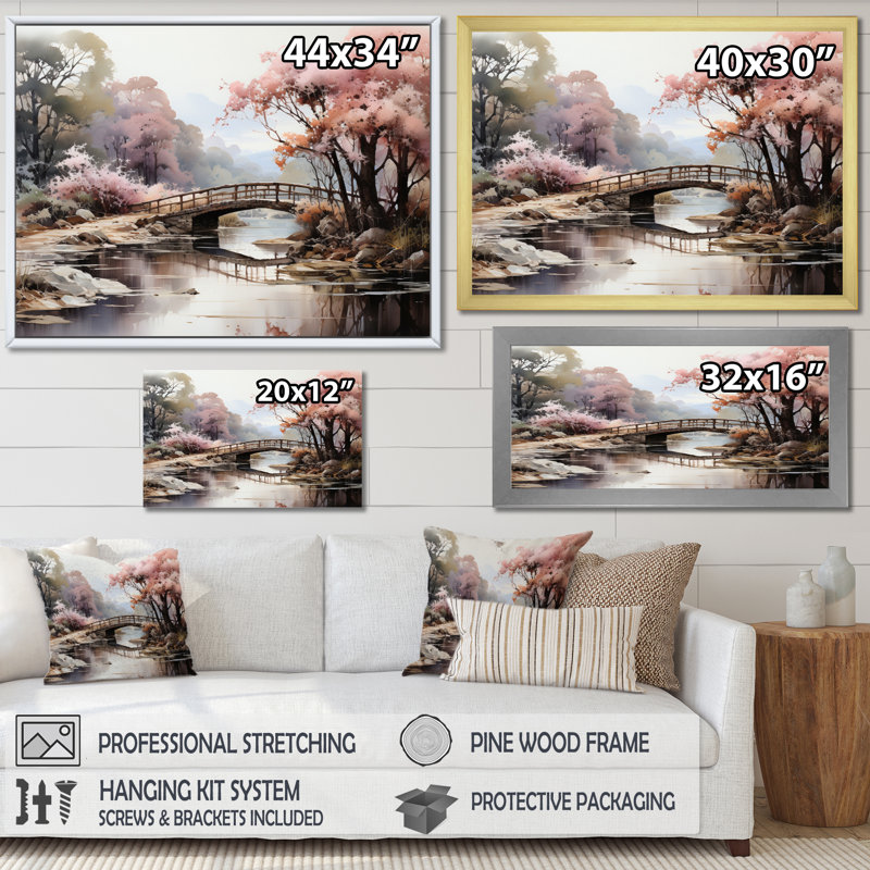 «Mahadevi Pink Bridge Misty Morning Passage», reproduction sur toile, 30" H x 40" W, Toile tendue