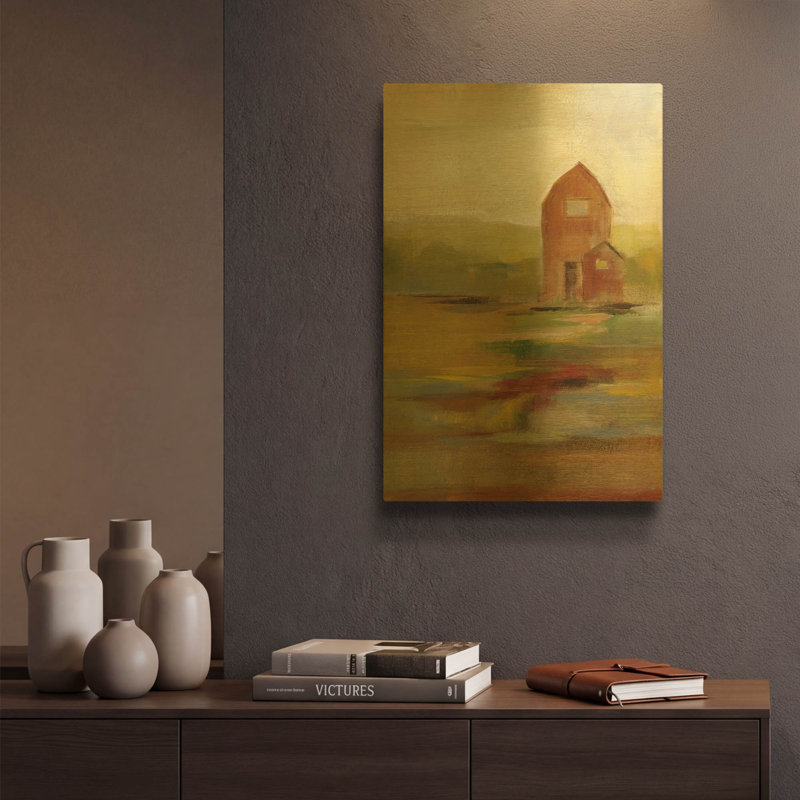«Hillside Barn II» par Silvia Vassileva, art mural en métal doré, 12 po x 16 po, 12 po x 16 po
