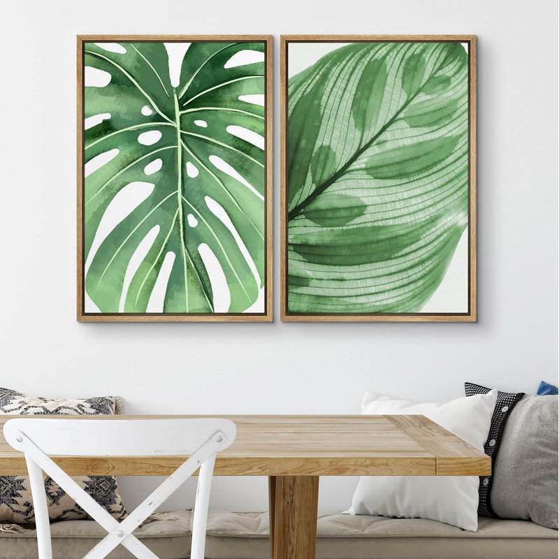 Vert jungle tropicale Monstera feuilles nature sauvage Art moderne rustique coloré Ultra 2 pièces, Blanc, H 36 po x l 24 po