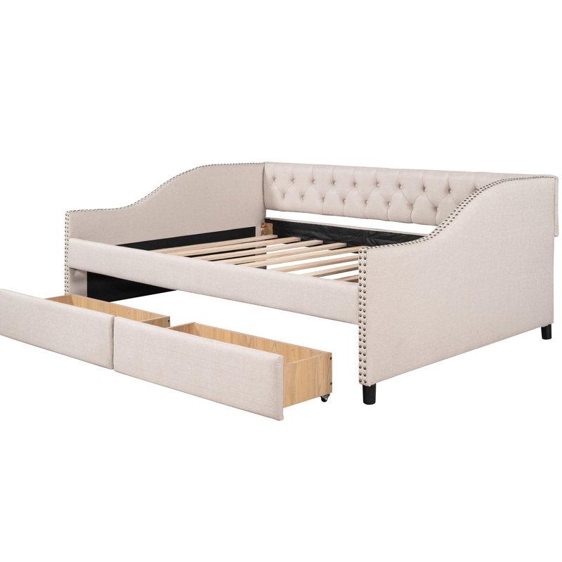 Full Size Upholstered Daybed With Two Versatile Drawers & Robust Wood Slat Support - Customize Your Living Area Style In Beige Functional Storage Stable Frame Redefine Bedroom