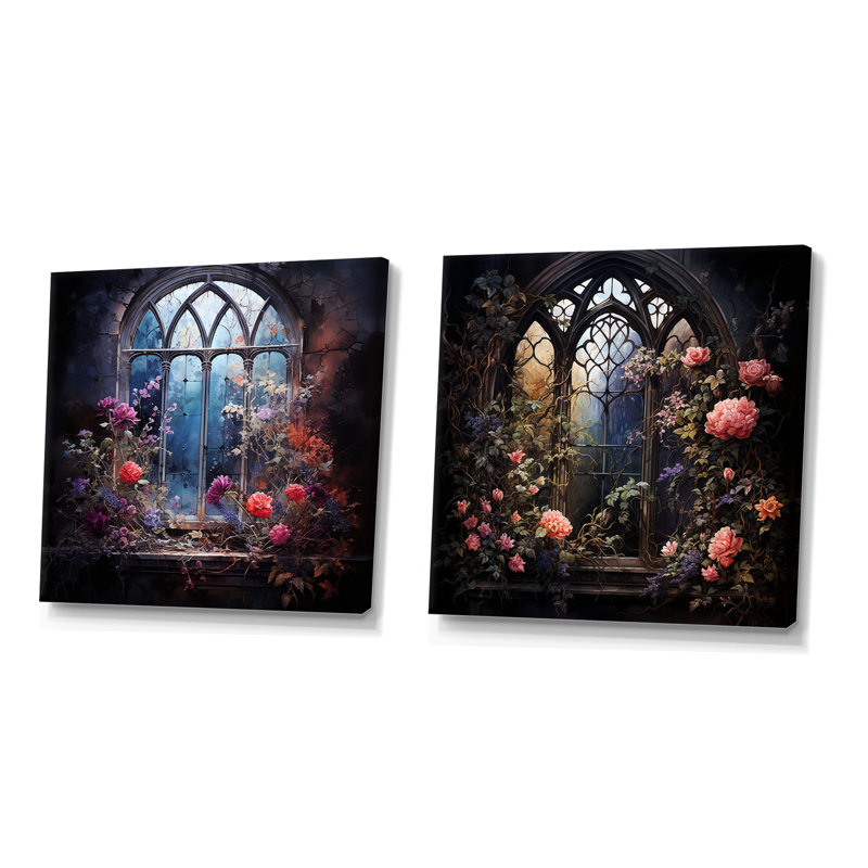 Floral Gothic Church Windows View I - Window Canvas Prints Set Of 2, Wrapped Canvas, 16" H x 33" W x 1" D