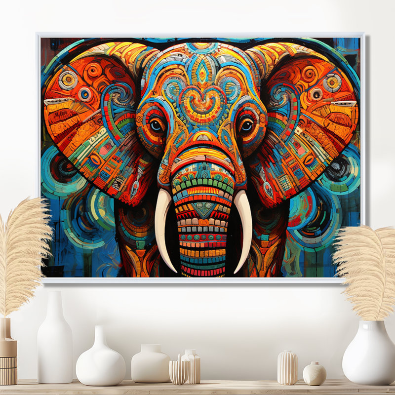Éléphant Tribal Majesty - Éléphant, art mural, H 12 po x l 20 po x P 1 po, Cadre flottant blanc